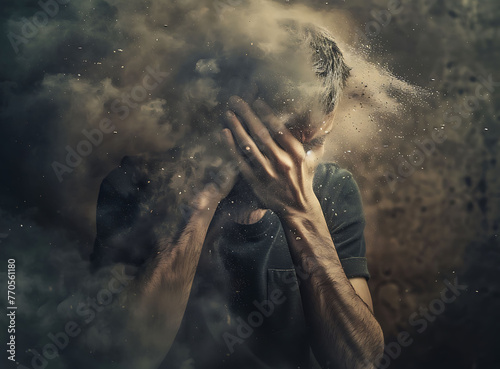 A man with his hand on his face, dissolving into dust particles, he is in pain and crying.  © Afaq
