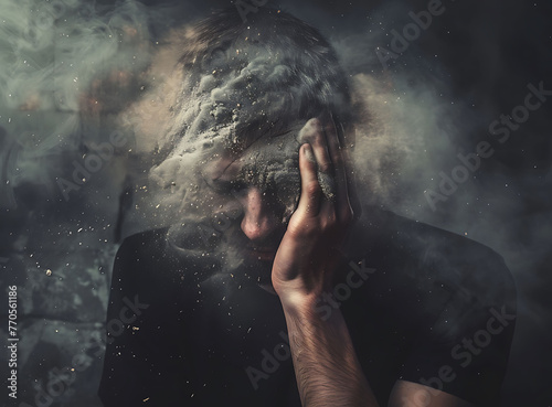 A man with his hand on his face, dissolving into dust particles, he is in pain and crying. 