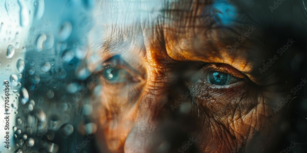 An aging womans face is visible through a rain-covered window