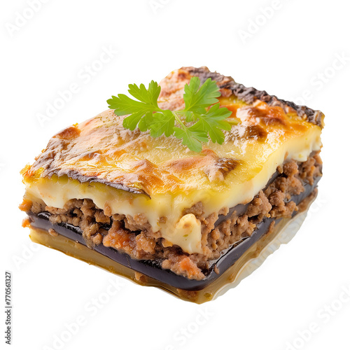 Greek moussaka with eggplant, ground meat, and béchamel sauce, isolated on transparent background © SRITE KHATUN