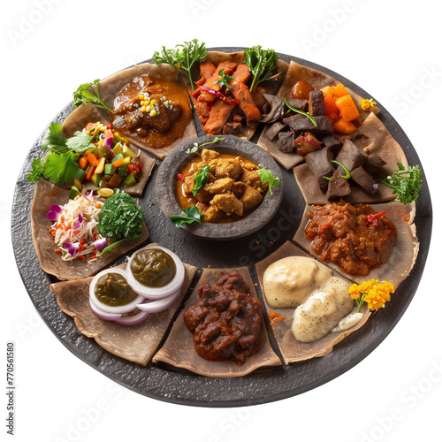 Ethiopian injera with a variety of spicy stews (wot) and vegetables, presented on a communal platter, isolated on transparent background