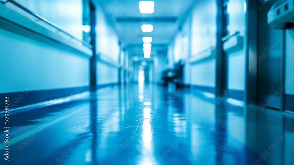 A long hallway featuring blue walls and blue flooring, creating a cohesive color scheme throughout the space