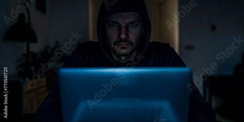 A man is seated in front of a laptop computer, typing and working on the screen in a dimly illuminated room