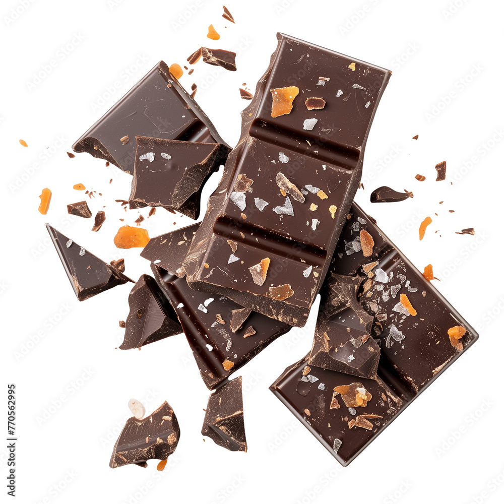 An artisanal dark chocolate bar with sea salt and caramel bits, broken into pieces, isolated on transparent background An artisanal dark chocolate bar with sea salt and caramel bits, broken into pieces, isolated on transparent background