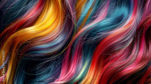 A vibrant multicolored background with long hair flowing through the frame