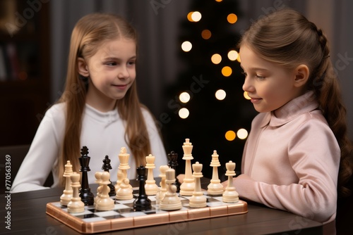 Two girls are playing chess. Mind games, a quality way of spending time.