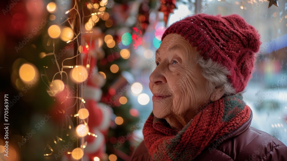 An elderly woman wearing a red hat and scarf standing next to a Christmas tree, admiring the decorations An elderly woman wearing a red hat and scarf standing next to a Christmas tree, admiring the decorations