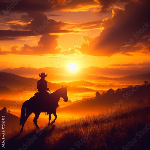 As dawn breaks over the mountains, a cowboy journeys on horseback, immersed in the beauty of the awakening landscape. The golden sunrise illuminates the layered hills, creating a sense of peace and © Anastasiia