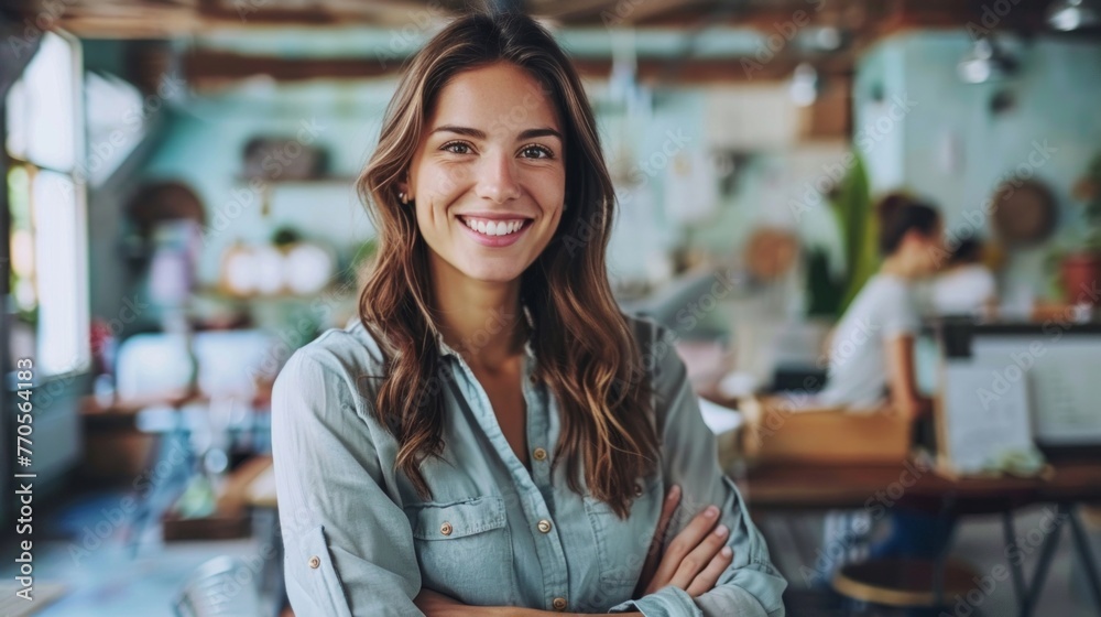 A confident businesswoman stands with crossed arms, smiling