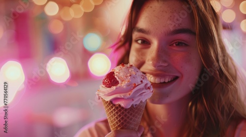 A woman happily bites into an ice cream cone topped with a juicy strawberry