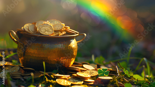 Saint Patrick's Day and Leprechaun's pot of gold coins concept with a rainbow indicating where the leprechaun hid treasure on green with copy space. St Patrick is the patron saint of Ireland backdrop