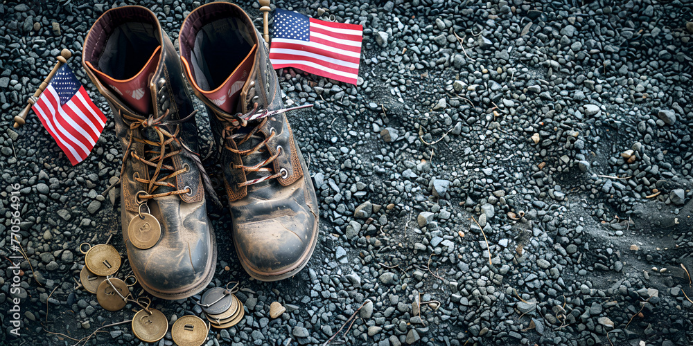 Old military combat boots with dog tags and two small American flags ...