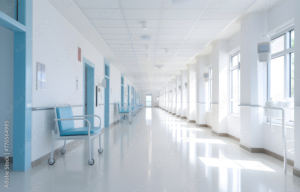 Long white hospital corridor with rooms and seats, empty acciden