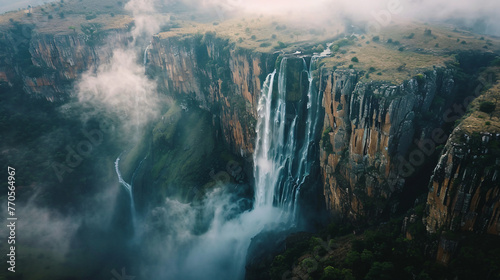 An aerial view of a powerful waterfall plunging into a deep canyon mist rising around it.
