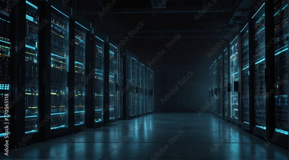 Modern Data Technology Center Server Racks in Dark Room with VFX. Visualization Concept of Internet of Things, Data Flow, Digitalization of Internet Traffic. Complex Electric Equipment Warehouse