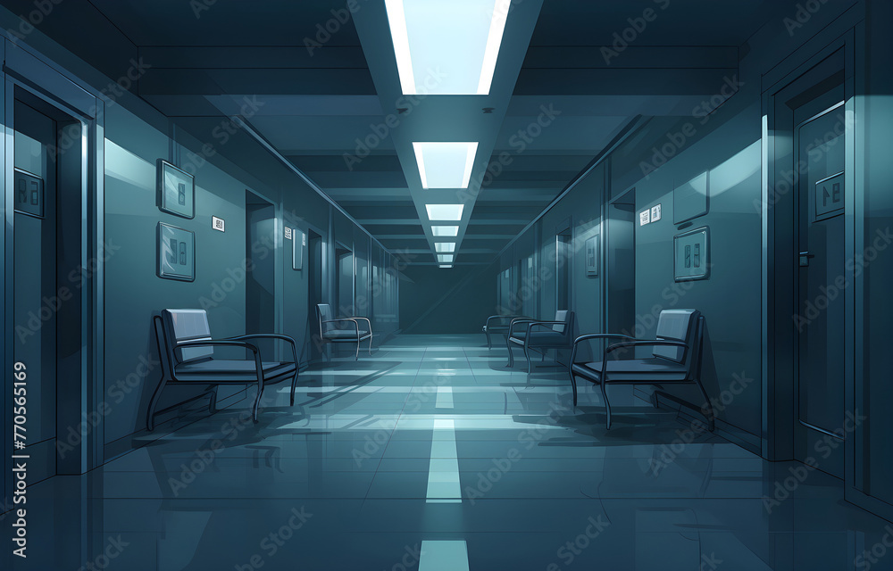Long dark hospital corridor with rooms and seats, empty accident