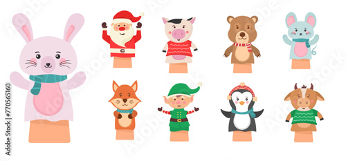Cartoon vector icon isolated on white background theater puppets. Hands puppets play doll, cute and funny animals. Dolls from socks on hands and fingers toys for kids vector funny characters.
