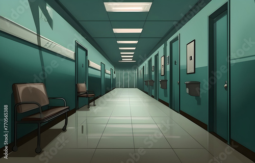 Long dark hospital corridor with rooms and seats  empty accident