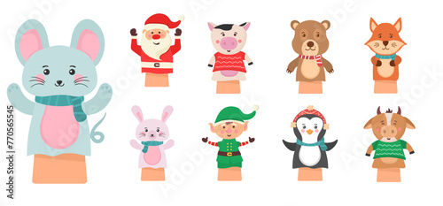 Cartoon vector icon isolated on white background theater puppets. Hands puppets play doll, cute and funny animals. Dolls from socks on hands and fingers toys for kids vector funny characters.
