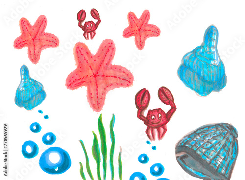 Funny set of sea animals. Pen markers illustration.