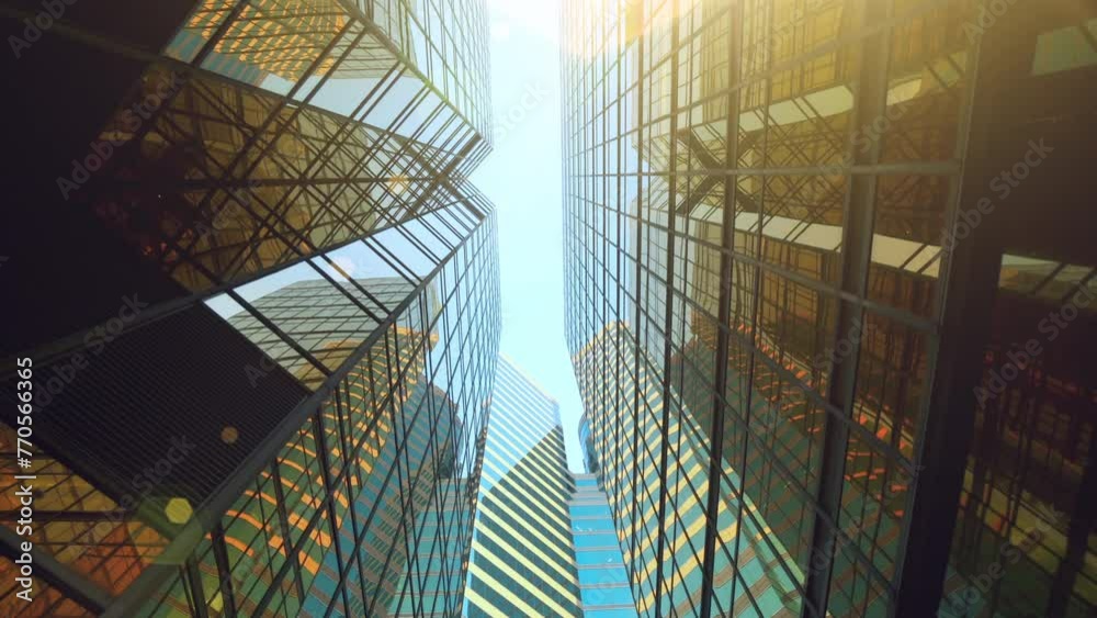 High Rise Buildings Modern Architecture in the Financial District. Cityscape, Corporate Offices of Successful Companies. Modern Financial Business District. Sun Flares