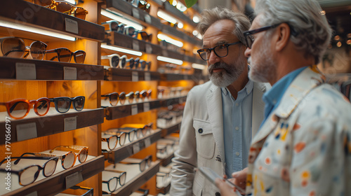 Two men discussing eyewear options at an optical store. Personalized customer service and eyecare consultation concept. Design for optician's service brochure, customer care material photo