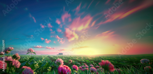 sunset in a field with pink flowers and clouds in the sky
