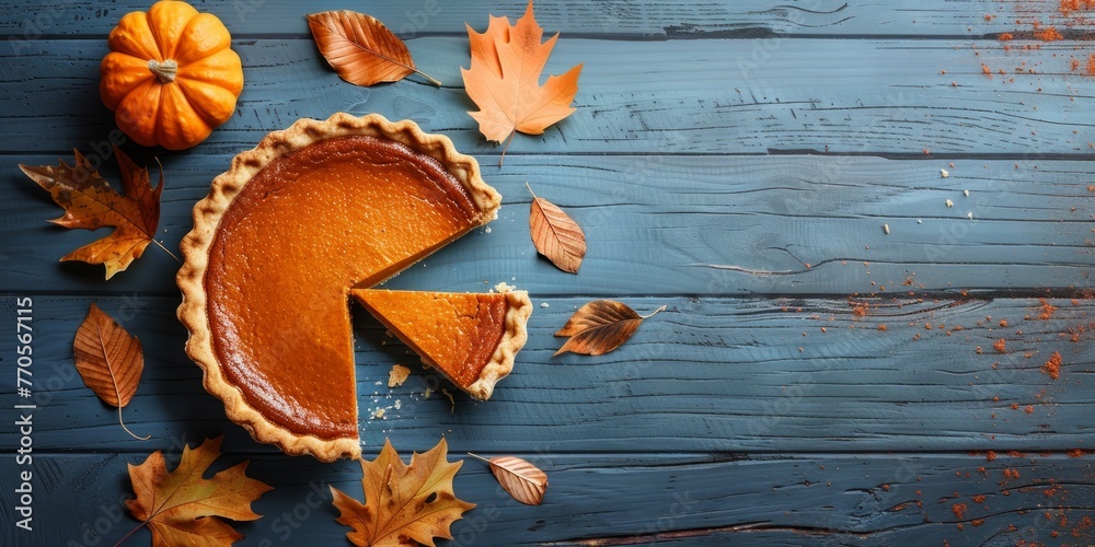 A traditional pumpkin pie sits on top of a wooden table. Top view