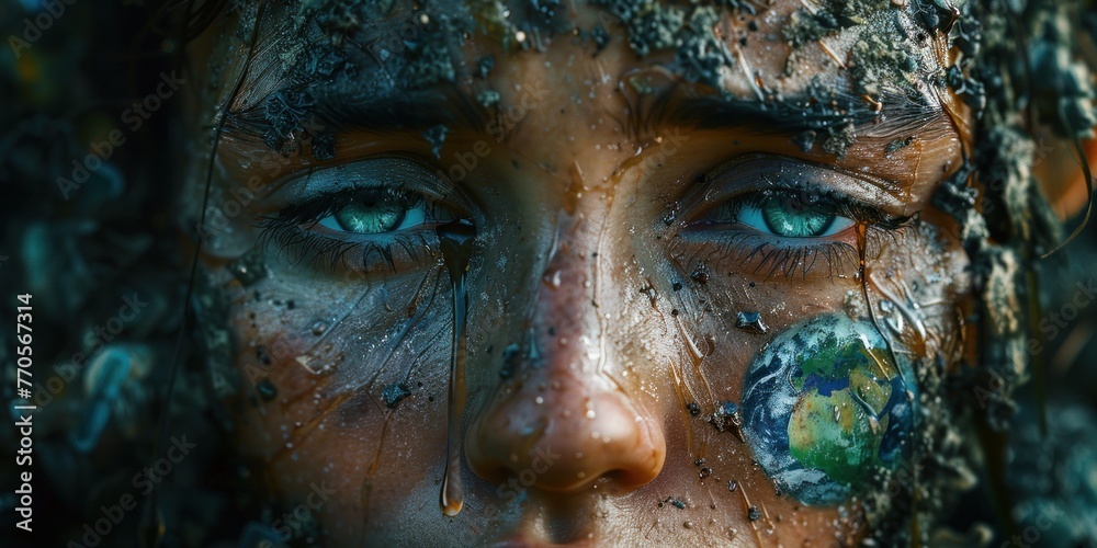 Close up of a woman with mud all over her face, emphasizing skin care or wellness routine. Close up of a woman with mud all over her face, emphasizing skin care or wellness routine.