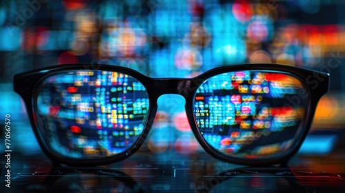A pair of glasses placed on top of a table in a room, with a monitor and infographics visible in the background. © Vitalii But