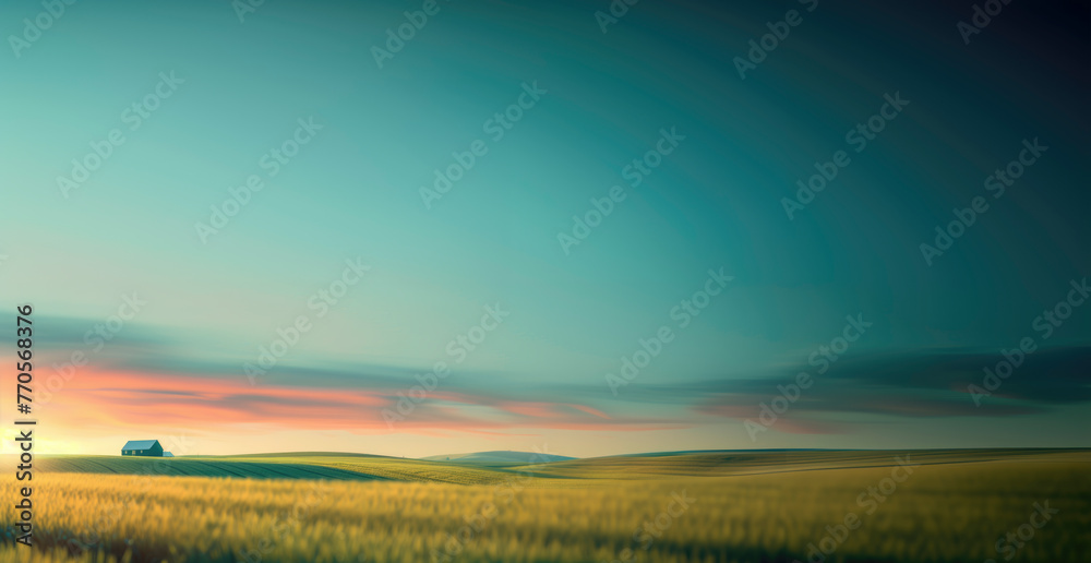 sunset over a field with house on top of a hill