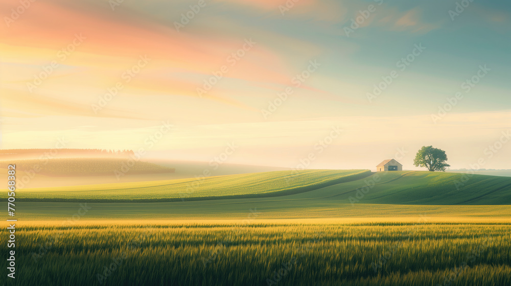 sunrise over a field with small barn and tree on top of a hill