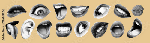 Mouth halftone. Pop art. Newspaper lips. Eye and ear. People smile and scream. Doodle dotted facial parts. Punk poster. Woman sticking out tongue. Vintage paper sticker Vector retro face elements set