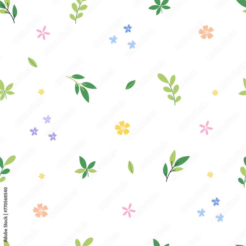 Spring blossoms. Seamless spring pattern with small  flowers and green leaves. Vector illustration.	