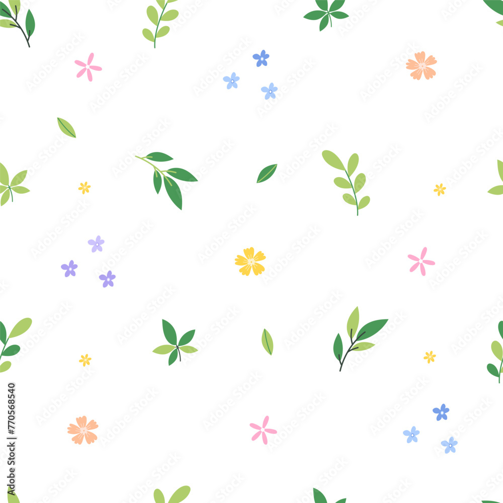 Spring blossoms. Seamless spring pattern with small flowers and green leaves. Vector illustration. Spring blossoms. Seamless spring pattern with small flowers and green leaves. Vector illustration.