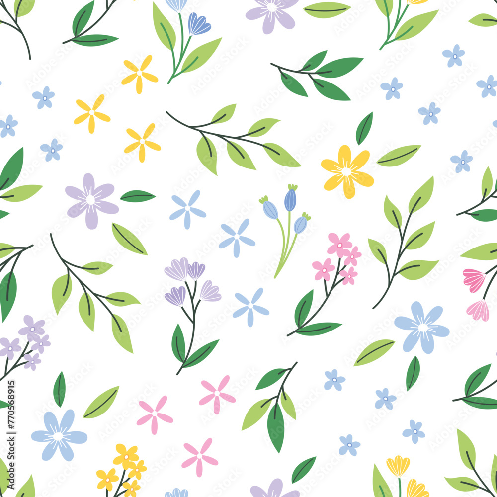 Spring blossoms. Seamless spring pattern with flowers and green leaves. Vector illustration. Spring blossoms. Seamless spring pattern with flowers and green leaves. Vector illustration.