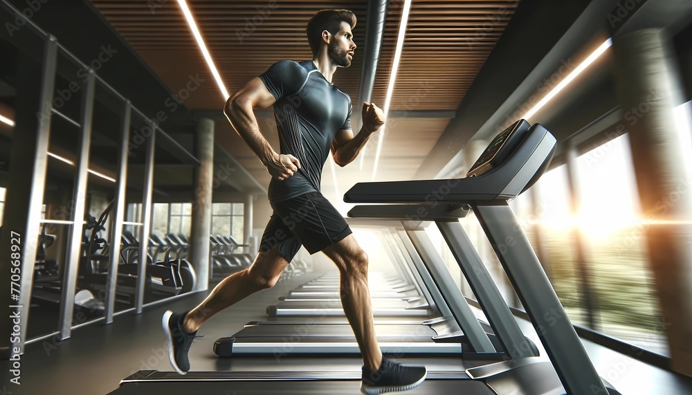 Man Running on Treadmill in Modern Gym Concept of Health, Fitness and Cardio Workout - obrazy, fototapety, plakaty 
