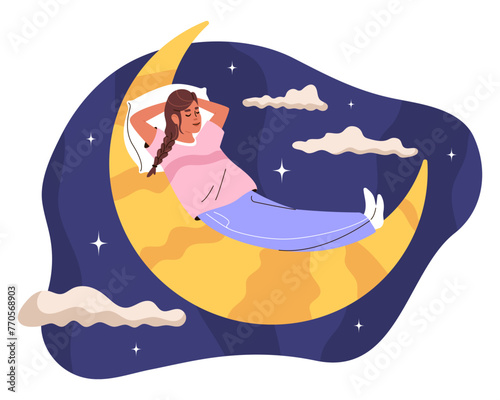Woman in pajamas sleeping on moon against background of clouds and stars. Girl with braid put her hands behind her head and sleeps sweetly on pillow. Vector flat illustration.