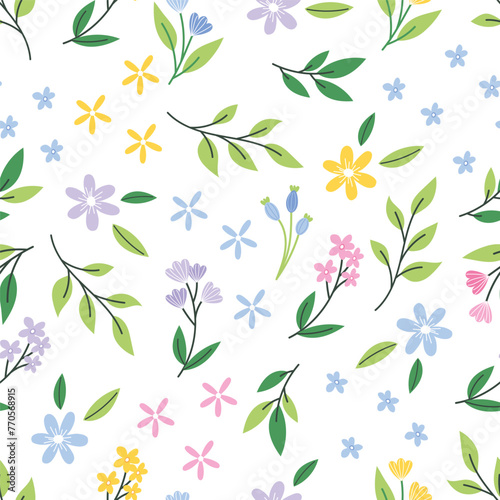 Spring blossoms. Seamless spring pattern with flowers and green leaves. Vector illustration.