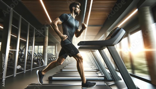 Man Running on Treadmill in Modern Gym Concept of Health, Fitness and Cardio Workout photo
