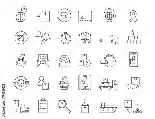 Delivery icon. Transport logistic. Parcel shipment. Cargo truck transportation. Warehouse line symbol. Freight distribution. Supply chain pictogram. Order box. Vector garish shipping service signs set