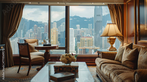 An elegant hotel room with plush furnishings and a panoramic city view.
