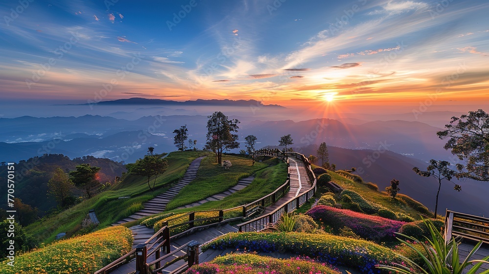 Beautiful sunrise sky with garden on mountain at Huai Nam Dang National Park  ,Generative ai,
