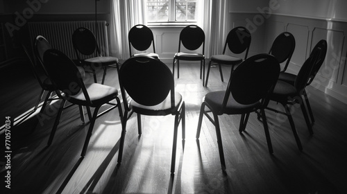 An empty chair in a support group circle suggesting someones absence in recovery. photo