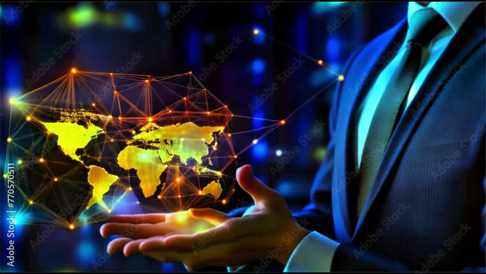 business man holding digital world connected with mesh network in hand symbolizing dominance over the world