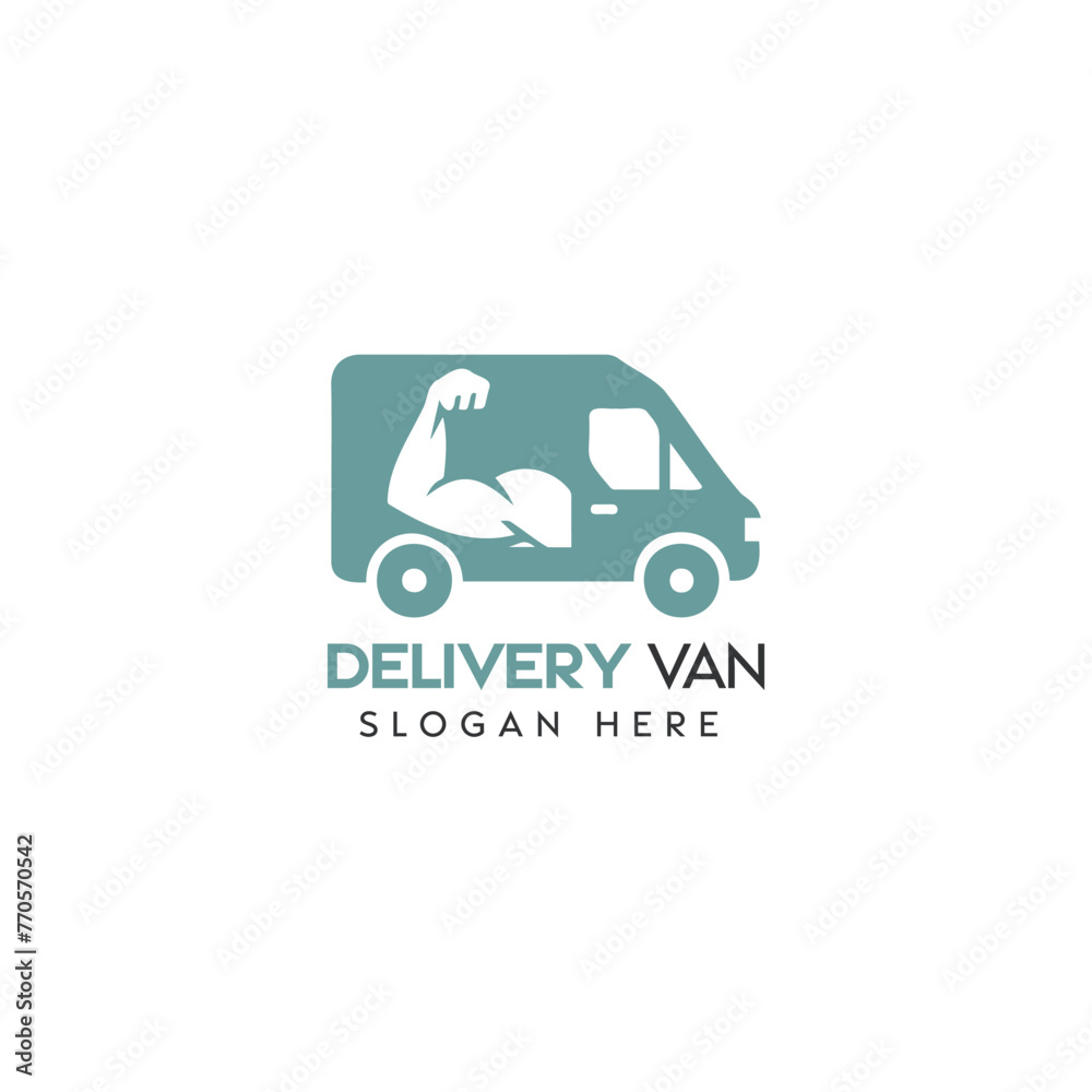 Modern Delivery Van Logo With Stylized Muscular Arm for a Shipping Service Modern Delivery Van Logo With Stylized Muscular Arm for a Shipping Service