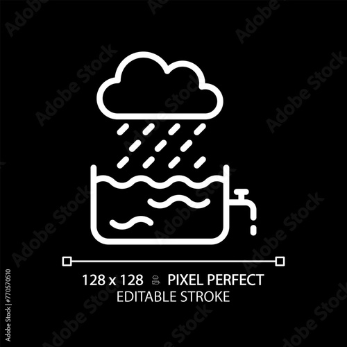 Rain water white linear icon for dark theme. Water collection. Sustainable living. Harvesting rainwater. Thin line illustration. Isolated symbol for night mode. Editable stroke. Pixel perfect