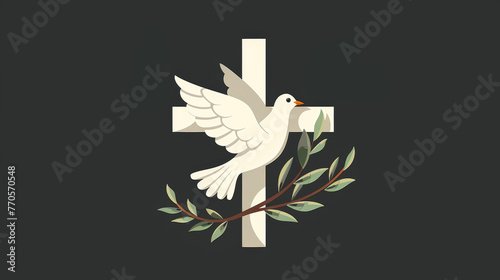 Dove of Peace with Olive Branch Beside Christian Cross. Christian Easter and International Day of Peace concept. photo