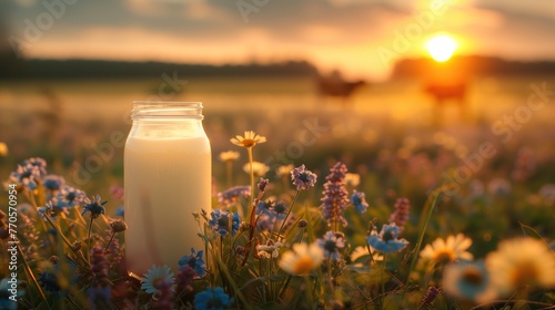 can of milk landscape of flower meadow