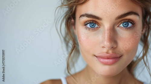 A closeup portrait of an attractive young woman with blue eyes and long eyelashes, set against a white background for a beauty campaign, shot in soft natural light to highlight her features